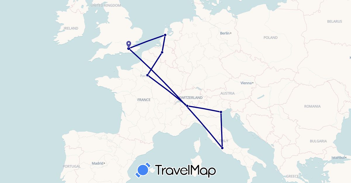 TravelMap itinerary: driving in Belgium, Switzerland, France, United Kingdom, Italy, Netherlands (Europe)